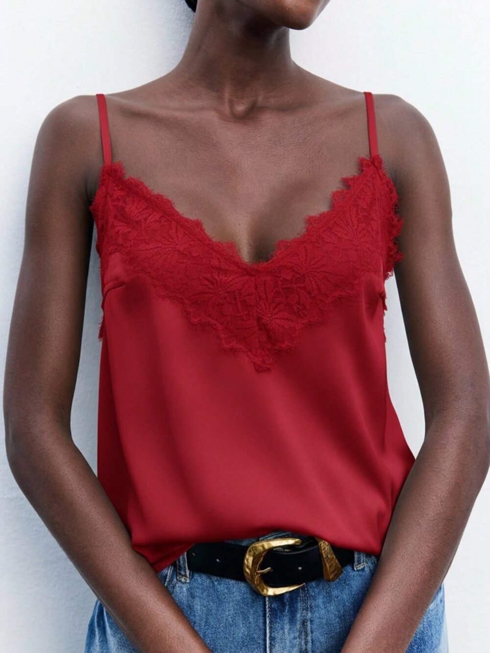 Red Casual Women's Contrast Lace Loose V-Neck Spaghetti Strap Cami Top